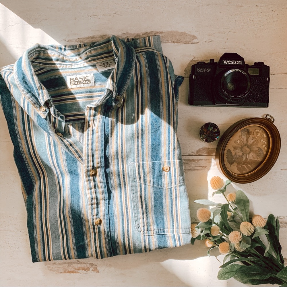 Vintage Blue Striped Button Down Top SZ L